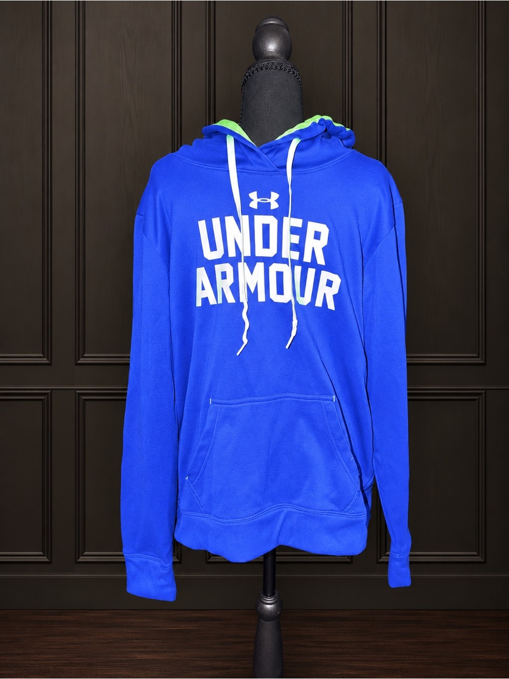 Under Armour Boy’s Large Blue Green Fleece Pullover Hoodie Logo Sweatshirt
